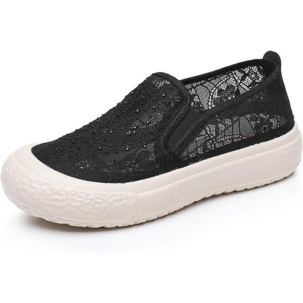 Zapatos Planos De Encaje Para Mujer Mocasines Espadrillas Transpirables De Malla Sandalias De Verano Zapatos Planos Creepers Slip-On 37 Negro-image