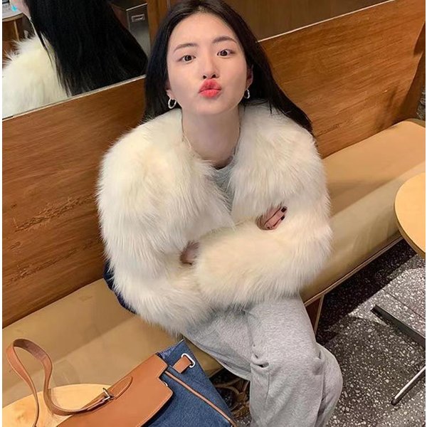 PłAszcz Ze Sztucznego Futra Odzież Damska Moda Casual Imitacja Futra Lisa PłAszcz Damski KróTki LuźNy Wygodny Kurtka Zimowa S Beige-image
