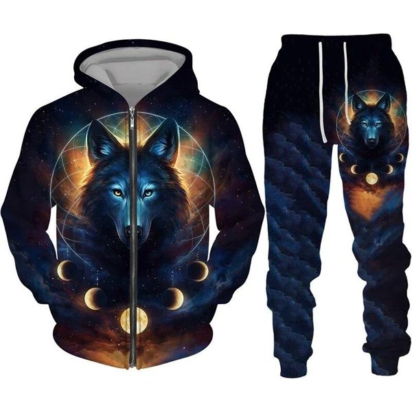 Kolorowy Wilk 3D Print Dres Hiphopowy Sweter Bluzy Z Kapturem Na Zamek Garnitur MężCzyźNi Kobiety Kid Casual Bluza Z Kapturem Spodnie Zestaw Do Joggingu XL Black-image