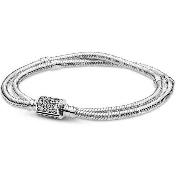 100% Plata De Ley 925 Moments CorazóN Doble Cierre Pulsera De Cadena De Serpiente Ajuste Europa Brazalete Cuenta Encanto JoyeríA 21Cm White-image