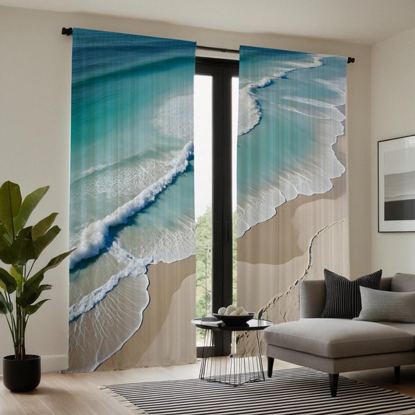 2 Piezas HD Mar Playa Cortina Decorativa Azul Corbata Cortina Impresa Digital Estilo De DecoracióN Del Hogar Sala De Estar Dormitorio Ro W52H63Inchw132H160Cm-image