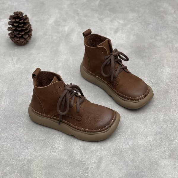 Johnature Retro Oryginalne SkóRzane KróTkie Buty Szerokie Noski Sznurowane SkóRa BydlęCa MięKka Podeszwa Damskie Buty 38 Kawowy-image