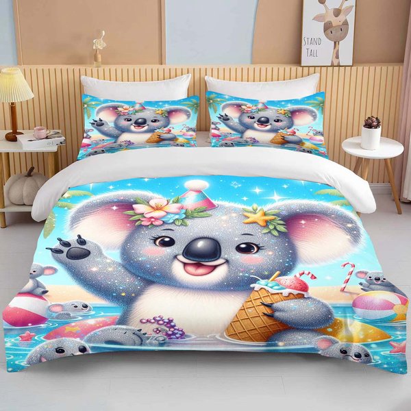 Rozmiar 1/10 KreskóWkowy Koala Nadruk 3-CzęśCiowy Komplet PośCieli Poszewka Na KołDrę 2 Poszewki Na Poduszki Rozmiar Queen King Tekstylia Domowe EU Single(135X200Cm) Blue-image
