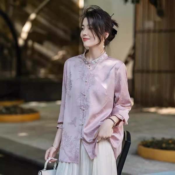 Nueva Camisa De Estilo Chino De Primavera Y OtoñO, Nueva, Jacquard Bordado, Estilo Nacional, Top Con Temperamento Para Mujer 4XL Gray-image