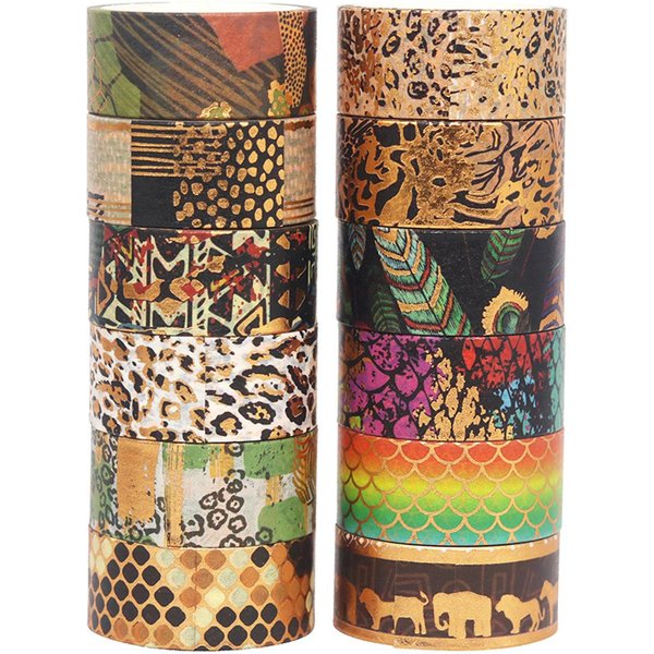 Set De 12 Rollos De Cinta Washi LáMina Dorada Estilo Salvaje Animales Cintas De Enmascarar Washi Adhesivo Decorativo 12 Rolls-image