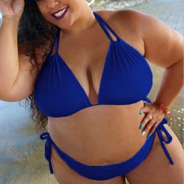 Kobiety DużY Rozmiar, Jednolity Kolor, Paski WisząCe Na Szyję Bikini, Podzielony StróJ KąPielowy, StróJ KąPielowy! Xxxxxl Niebieski-image