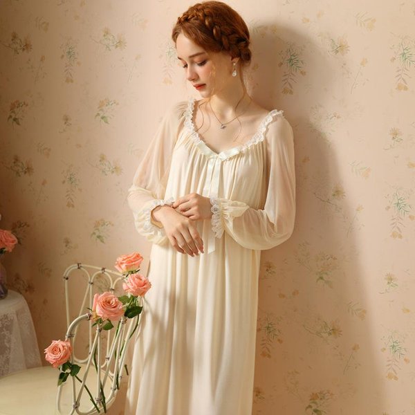 Pijama Largo Retro FrancéS Estilo Hada Para NiñAs CamisóN Dulce De Princesa Pijama Para Mujer CamisóN Largo Blanco Vestido De MañAna M-image