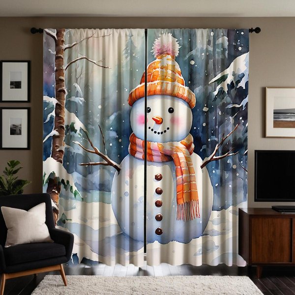 2 Piezas HD Digital Corbata Blanca CláSico MuñEco De Nieve Cortina DecoracióN Del Hogar Estilo DecoracióN Sala De Estar Dormitorio Efecto Cortina De Barra St W52H63Inchw132H160Cm-image