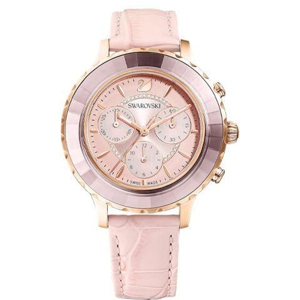 Reloj Swarovski De Cuarzo Con Correa De Cuero Genuino Esfera Rosa CronóGrafo De Tres Ojos Relojes Para Mujer 5452501 Regular Watch Box,Pink Watch Dial White-image