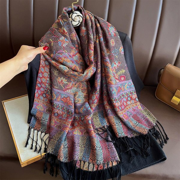 Zimowy Gruby CiepłY ŻAkardowy Szalik Outdoorowy Damski PodróżNy Retro Paisley Kaszmirowy Chwost Szal Owiniecie Szyi Paszmina MuzułMańSki HidżAb 70X180Cm-image