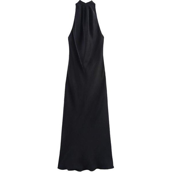Vestido Largo De SatéN Sin Mangas Con Cuello Halter Para Mujer, Corte Acampanado, Cintura Media, Elegante Espalda Descubierta L Negro-image