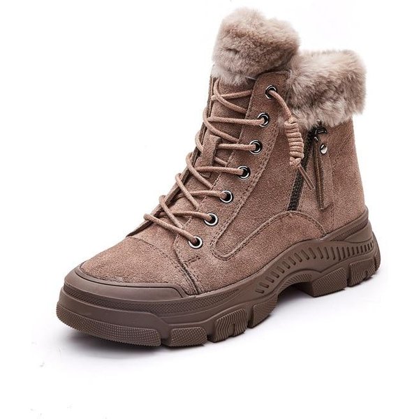Zapatos De Invierno, Botas De Nieve Para Mujer, Suela Gruesa, Zapatos De Invierno FríOs De Felpa CáLidos, Botines De Cuero Genuino Para Mujer 35 Caqui-image