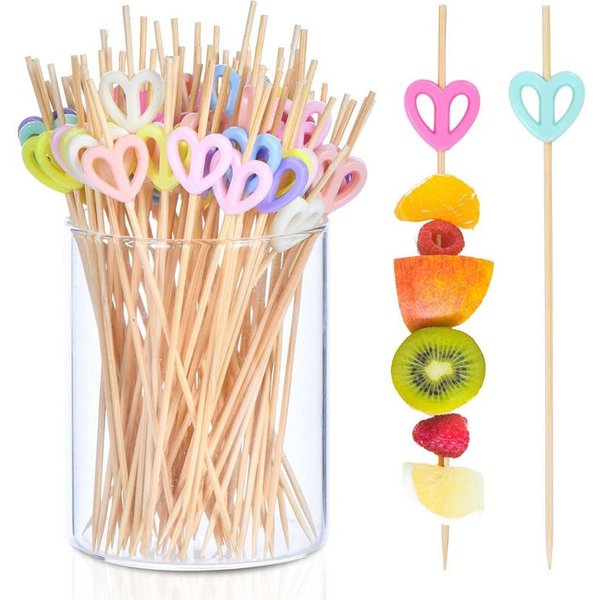100 Piezas Palillos De CóCtel CorazóN Palillos Brochetas Bambú Palitos De Aperitivo Decoraciones Para Comida Bebidas Frutas Postre Varios Colores-image