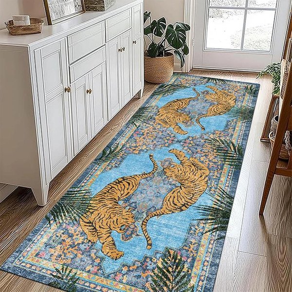 Dywanik Z Nadrukiem Botanicznym Tygrysa Z DżUngli Do Salonu, Sypialni – MożNa Prać W Pralce, Mata PodłOgowa, Dywanik Pod Stolik Kawowy, Sofę 80X120Cm(31X46In)-image