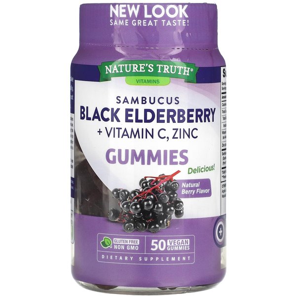 Nature's Truth, Sambucus SaúCo Negro MáS Vitamina C Y Zinc, Baya Natural, 50 Gomitas Vegetarianas-image