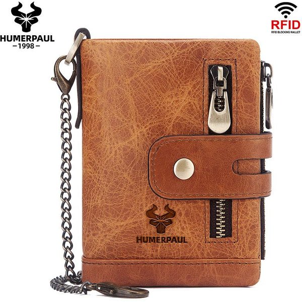 Humerpaul Cartera De Cuero Genuino Con Bloqueo Rfid Para Hombre, Monedero, Tarjetero, Cadena, Billetera Plegable Delgada MarróN-image