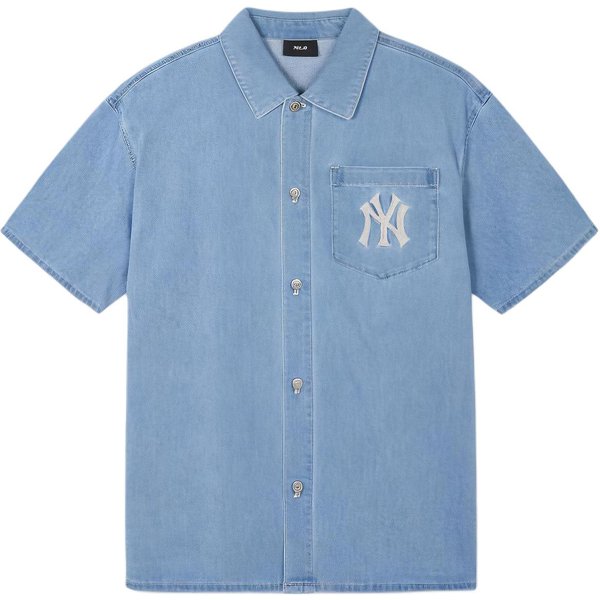 MLB Logo New York Yankees Bordado Camisa Casual De Mezclilla De Un Solo BotóN Manga Corta Para Hombre Camisas Azul 3ADRB0443-50BLL M-image