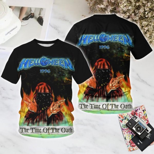 Camisetas De Rock CláSico Helloween Masculinas Estampado 3D Hombres Mujeres Tendencia Hip Hop Manga Corta Camiseta Calle Suelta Casual Oversize Y2K Tops L Gray-image
