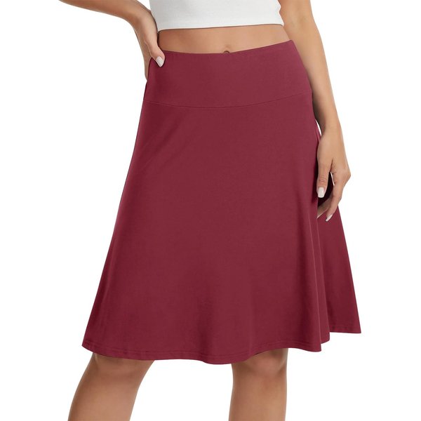 Falda Midi De Cintura Alta Para Mujer, LíNea A, Casual, Cintura EláStica, Acampanada, Tejido Suave Y EláStico, DiseñO Sencillo S Vino-image