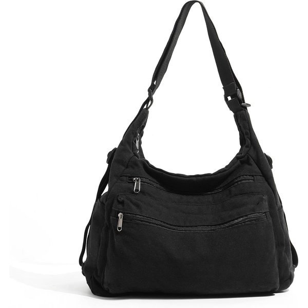 Bolsos De Hombro De Lona De Gran Capacidad Para Mujer Bolsos De Herramientas Lisos De AlgodóN Bolsos Tipo Satchel De Tela De Moda Bolsos Cruzados Preppy Para Hombre Black-image