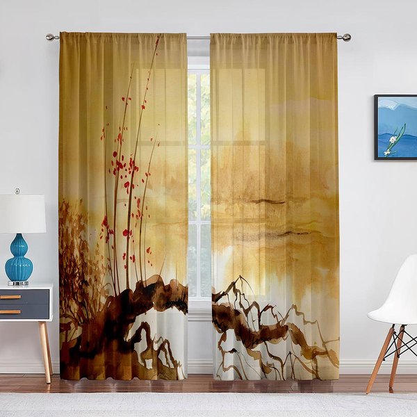 PáJaros En Rama Flor De Cerezo Pintura A Tinta Cortinas De Tul Voile Para Dormitorio Cortina De Ventana Para Sala De Estar Cortina Transparente Cortinas 1 PCS W100Xh250Cm&Grommet Top-image