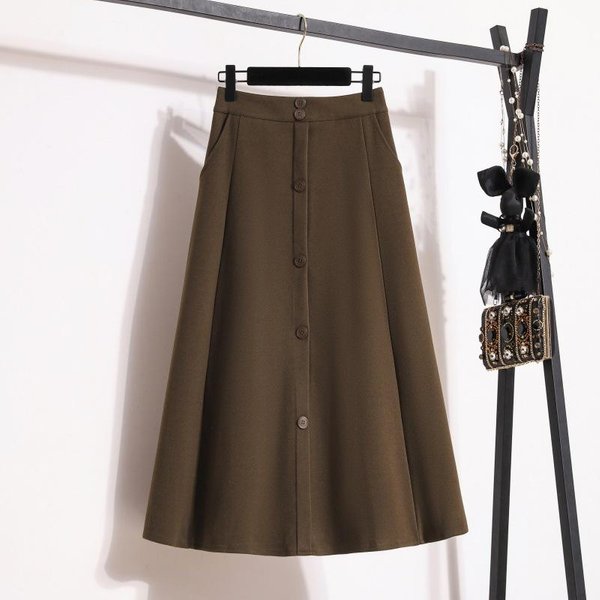 Talla Grande Para Mujer Invierno Nuevo Reductor De Edad Adelgazante Falda A-Line Mm Gordita Cintura Alta Media Longitud Falda Paraguas Grande Xxxxl MarróN-image