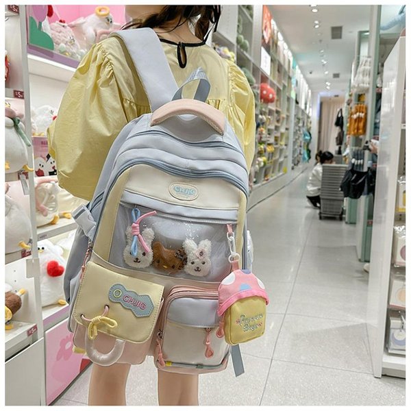 Mochila VersióN Coreana Femenina De Dopamina CombinacióN De Colores Transparente Alta Capacidad Mochila Escolar Para Estudiantes De Secundaria .-image