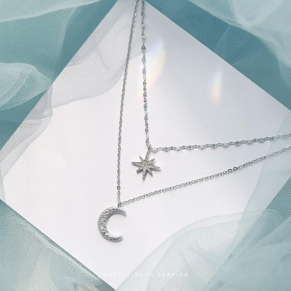 Nuevo Collar De Plata De Ley 925 Doble Capa Estrella Luna Cadena Para ClavíCula De Mujer JoyeríA Fina Accesorios Para Fiesta Boda Plata-image