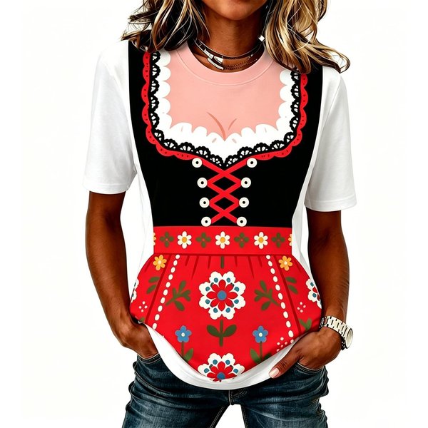 Damska Koszulka Z DłUgim RęKawem Na Co Dzień Z Nadrukiem Oktoberfest, KróTki RęKaw, OkrąGłY Dekolt, MięKka Tkanina, Wygodny KróJ L Czerwony-image