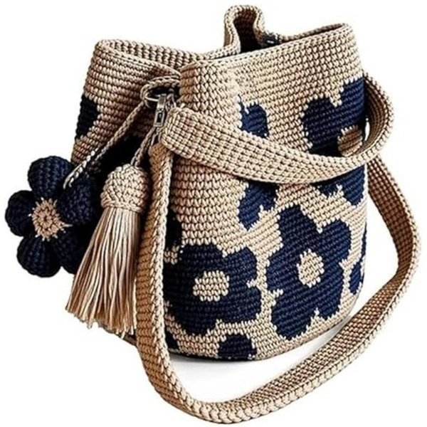 RęCznie Robiona SzydełKowa Torba Na Zakupy W Kwiaty Dzianinowa SzydełKowa Torebka W Kwiaty Torebka Crossbody SzydełKowa Dla Kobiet Boho PlażOwa SzydełKowa Torebka Torba Na Ramię Gray-image