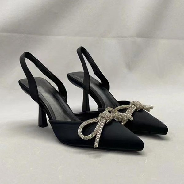 Zapatos De SalóN Azules Para Mujer Tacones Altos Lazo De Cristal Zapatos De Vestir De Fiesta Mujer Sexy Punta Afilada TacóN De Aguja Sandalias Verano 43 Negro-image