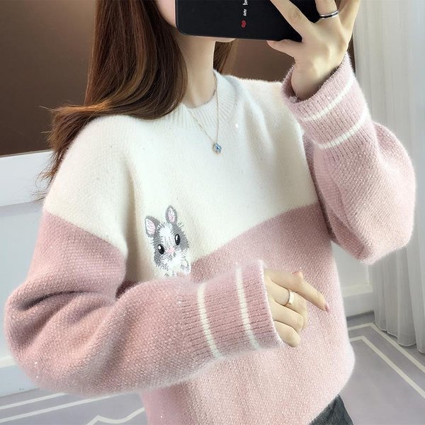 SuéTer Holgado JaponéS De Punto Para Mujer Ropa De OtoñO/Invierno Estilo Casual Top Corto De Mujer SuéTer Bordado M Color Rosa-image