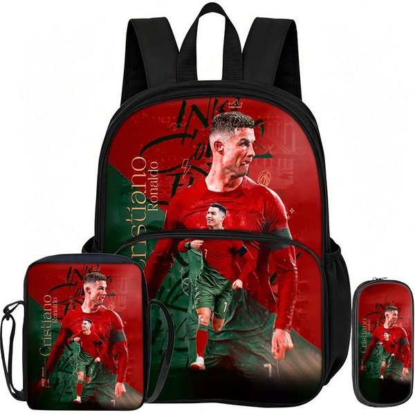 Set De 3 Piezas Con Mochila Con Bolsillo Frontal Ronaldo Aprende, Viaja Estrella Del FúTbol Bolsos De Hombro, Estuche, Bolsas Escolares Deportivas-image