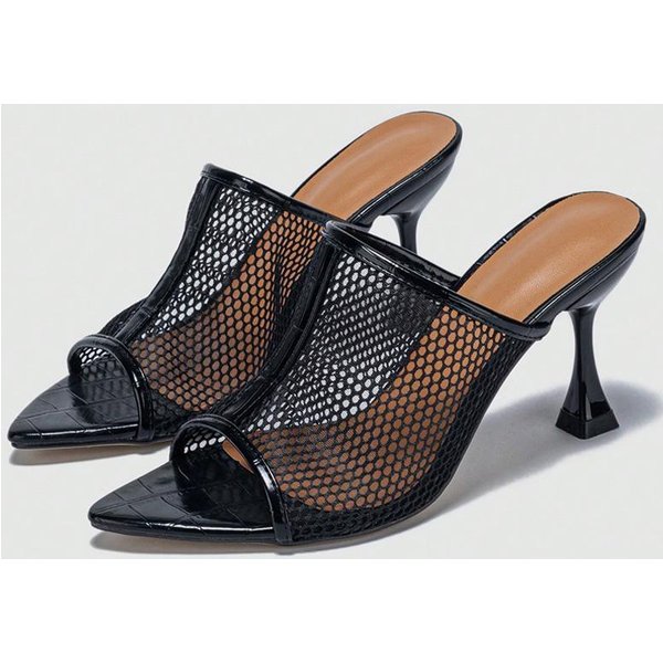 Liyke Estilo Urbano Sexy Malla Calada Zapatillas Sandalias Moda CóModas Punta Abierta Negras Tacones Altos Mules Zapatos De Diapositivas 35 Negro-image