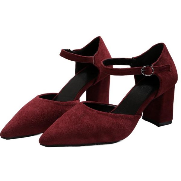 Zapatos De Mujer Correa De Hebilla Al Tobillo Zapatos De TacóN Alto Elegantes Para Vestir Para Mujer Punta Puntiaguda Tacones Gruesos SóLidos Sandalias Bajas 34 Rojo Vino-image