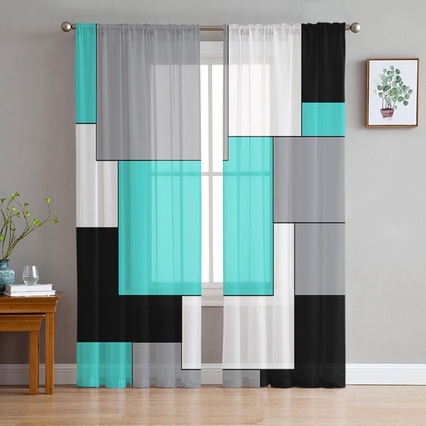 Czarne Szare Patchworkowe Abstrakcyjne Artystyczne Przezroczyste ZasłOny Do Dekoracji Salonu ZasłOny Okienne Kuchenne Tiulowe Woalowe Organzowe ZasłOny W135 X H115Cm X1&Grommet Top-image