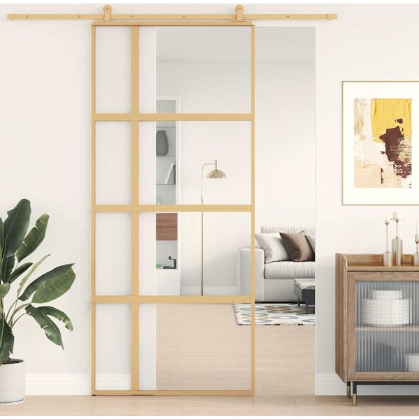Vidaxl Puerta Corredera, Dorada, 90X205 Cm, Vidrio Transparente Esg-image
