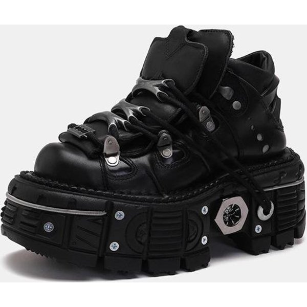 Damskie Buty Na Grubej Podeszwie W Stylu Punkowym, Sznurowane, Z OkrąGłYm Noskiem, MęSkie Sneakersy Na Platformie, Damskie Buty Typu Dad Shoes , Gotyckie Botki 39 Black-image