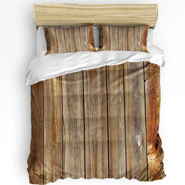 Plancha De Madera Estilo Retro Estampada Funda NóRdica CóModa Funda De Almohada Textil Para El Hogar Funda De Colcha NiñO Chico Adolescente NiñA Juego De Cama De 3 Piezas EU Single(135X200Cm) Brown-image