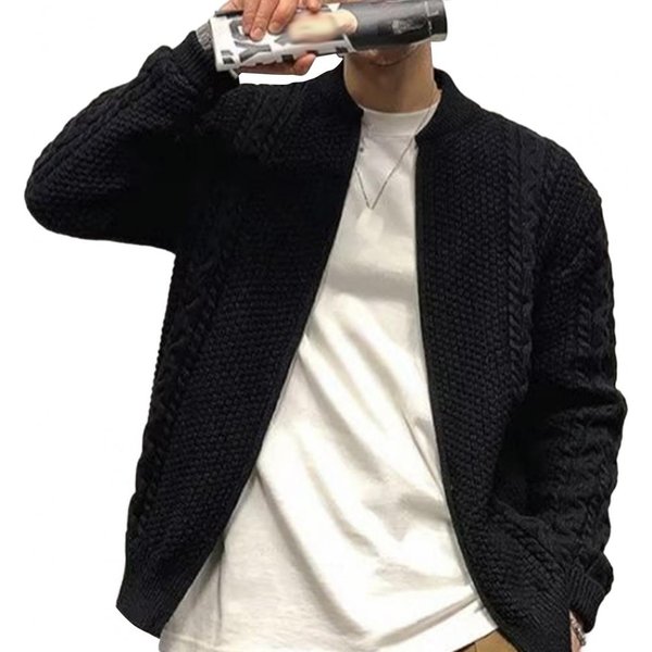 SuéTer De OtoñO E Invierno Para Hombre, CáRdigan De Cuello Redondo, Tejido Grueso Y EláStico, De Manga Larga, Holgado, CáLido, De Color Liso, Con Cremallera, Para Uso Diario M Negro-image