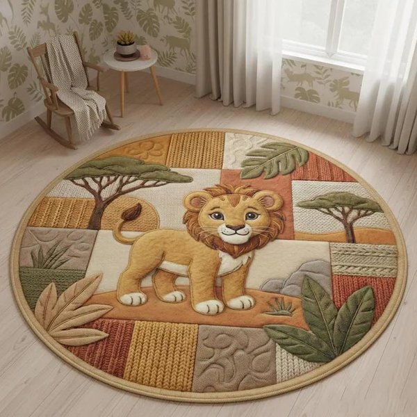 Uroczy Lew SłOń LeśNe ZwierzęTa Safari Mata Do Pokoju DziecięCego OkrąGłY Dywanik AntypośLizgowy Dywanik PodłOgowy Dekoracja Domu Dywany Diameter 60Cm-image