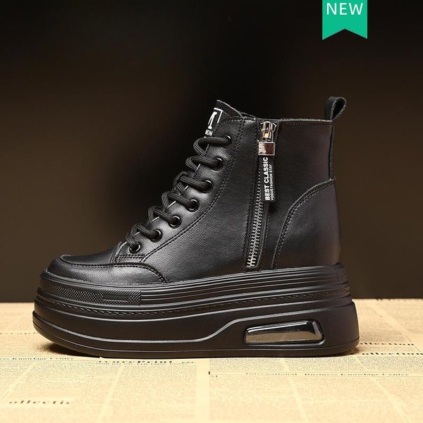 8CM Nueva Moda Mujer Bota De Combate Zapatillas De Plataforma Primavera OtoñO CáLido Piel Invierno Botines De Tobillo Cuero Genuino Zapatos De Mujer 38 Black-image