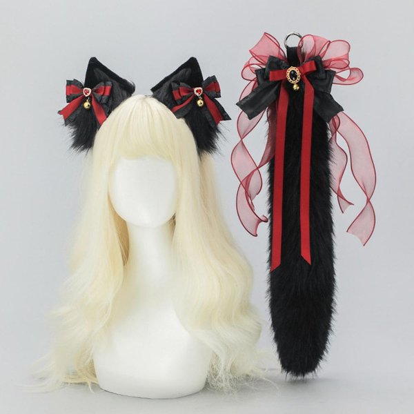 2 Piezas/Set Diadema Orejas De Gato Lobo Cola De Zorro Animal De Peluche Accesorios Para Bolsos Disfraz Cosplay Orejas De Animal Cola Accesorios Para La Cintura Hechos A Mano 1 Set Gray-image