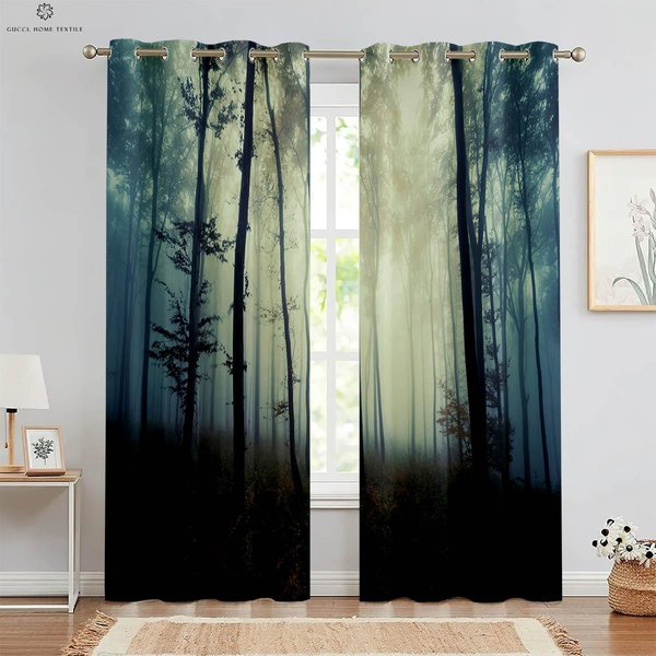 ZasłOny 3D Z Nadrukiem W Kolorze Mglistego Lasu I Jesiennych LasóW, Odpowiednie Do Sypialni, Salonu, Gabinetu I Kuchni, 2 Sztuki W50Xh160(Cm)X2Pcs&Grommet Top-image