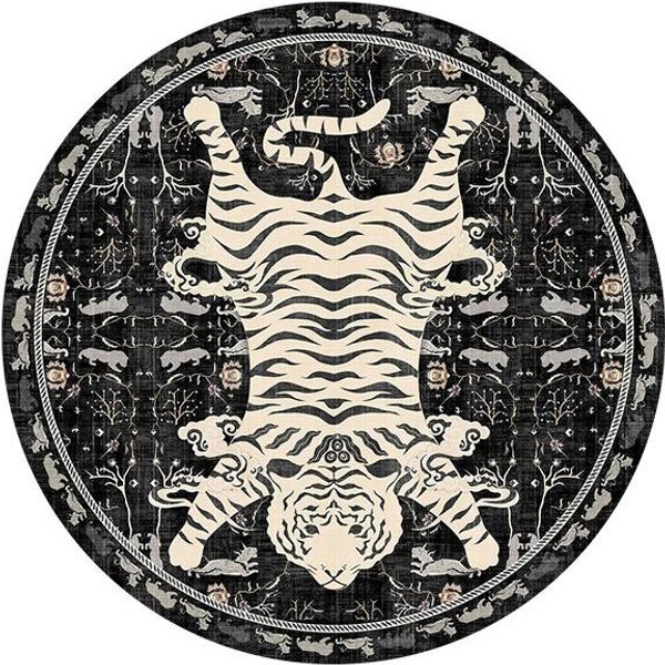 Dywan Do Salonu AntypośLizgowy MożNa Prać W Pralce MięKki Komfortowy Mata PodłOgowa Do Sypialni DużY Rozmiar Retro Czarno-BiałY Tygrys OkrąGłY Dywan Diameter 140Cm-image