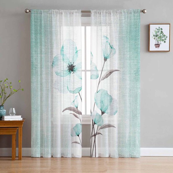 Cortinas Transparentes Con Degradado De Flores Color Turquesa Para DecoracióN De Sala De Estar, Cortinas Para Ventanas De Cocina, Cortinas De Organza Y Gasa De Tul W135 X H115Cm X1-image