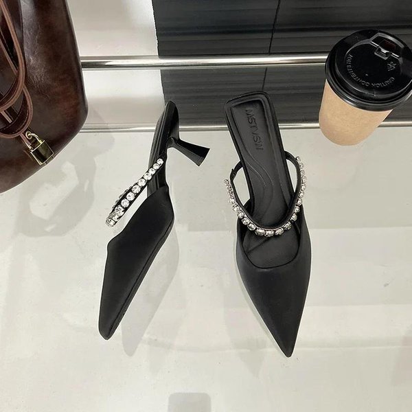 Puntera Puntiaguda Sexy Cristal Zapatillas De Mujer Tacones Altos Zapatos Verano Sandalias De Lujo Fiesta Elegantes Chanclas Mules Zapatos De SalóN 42 Negro-image