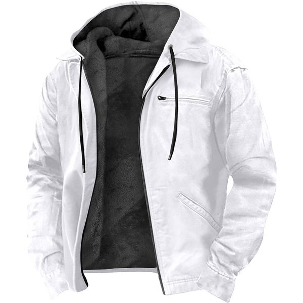 MęSka Kurtka Z Kapturem I Kieszeniami Na Zamek BłYskawiczny MęSka Kurtka W Jednolitym Kolorze, Modna I CiepłA XL BiałY-image