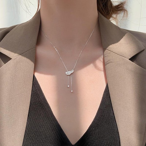 Collar Gargantilla Con Colgante De Borla De Plata De Ley 925, Cristal, Gota De Agua, Pluma Para Mujer, DeclaracióN, JoyeríA De Boda Dz138 Gray-image