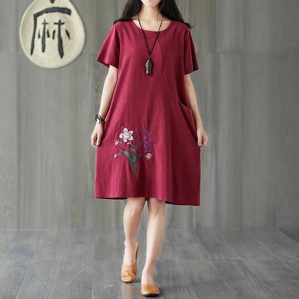 Estilo ÉTnico Retro AlgodóN Y Lino Holgado Bordado Vestido Casual De Mujer De Longitud Media Manga Corta Cuello Redondo Verano 4XL PúRpura-image